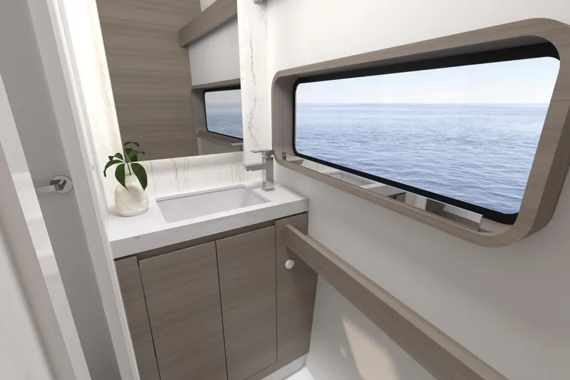  Yacht Photos Pics Modern bathroom interior of 2026 Aventura 38 Motor Yacht with ocean view window.