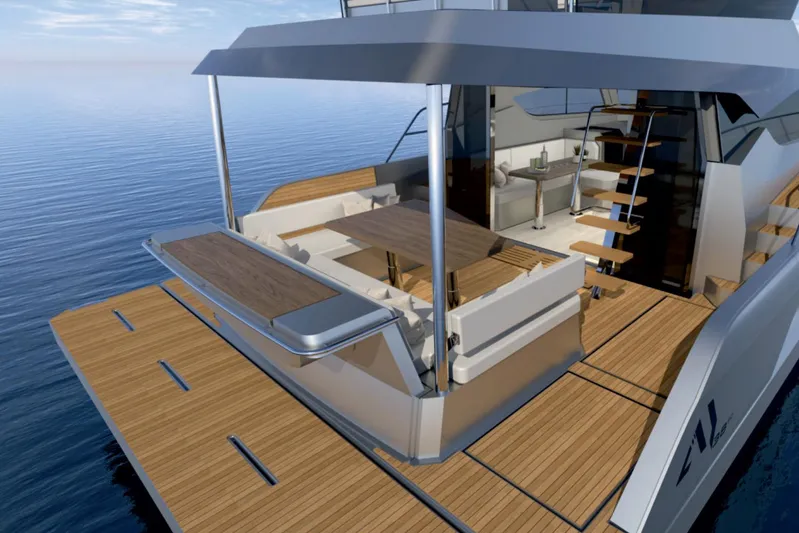  Yacht Photos Pics 2026 Aventura 38 Motor Yacht with elegant deck and seating area on calm water.