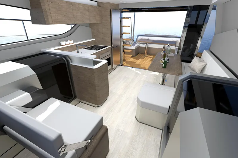  Yacht Photos Pics Luxurious interior of 2026 Aventura 38 Motor Yacht with modern kitchen and seating area.