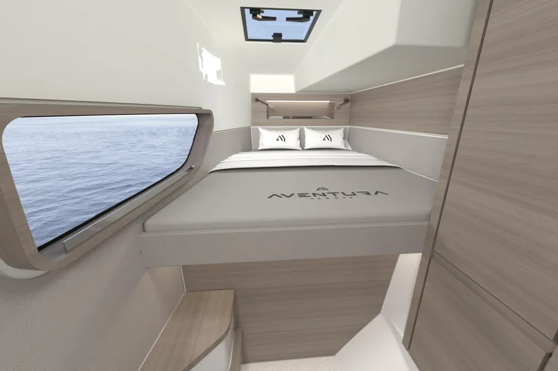  Yacht Photos Pics Luxurious cabin interior of 2026 Aventura 38 Motor Yacht with ocean view.