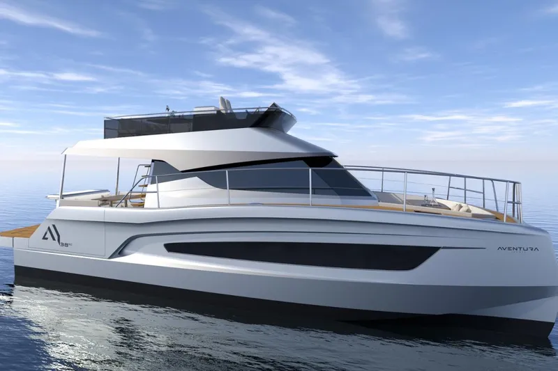  Yacht Photos Pics 2026 Aventura 38 Motor Yacht on calm sea under clear sky.