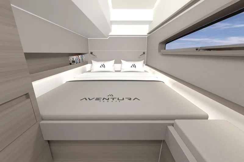  Yacht Photos Pics Luxurious interior of 2026 Aventura 38 Motor Yacht bedroom with modern design.