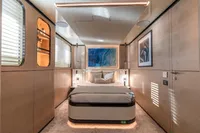 Luxurious modern bedroom in 2023 Bilgin Custom yacht, featuring elegant design and ambient lighting.