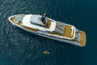 Aerial view of 2023 Bilgin Custom yacht on blue ocean water.