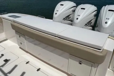  Yacht Photos Pics 2019 Pursuit S408 boat with Yamaha V8 engines and spacious deck seating.