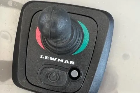  Yacht Photos Pics Joystick control panel on 2019 Pursuit S408 boat, featuring Lewmar branding.