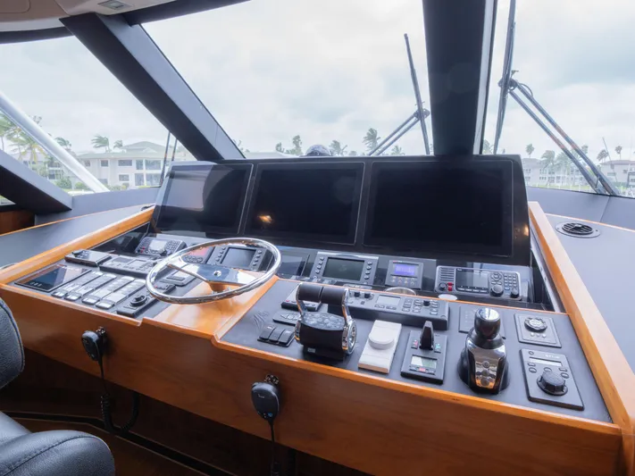 Reel Cents Yacht Photos Pics 2019 Viking 80 Enclosed Bridge yacht helm with advanced navigation controls and displays.