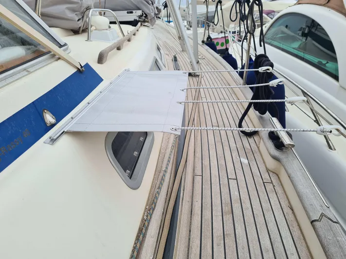 Surfing Safari Yacht Photos Pics Hallberg-Rassy 40 sailboat deck with rigging and sunshade, 2010 model.