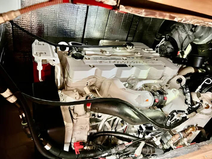 "lexi Lu" Yacht Photos Pics Engine compartment of a 2008 Elling E4 yacht, showcasing detailed mechanical components.