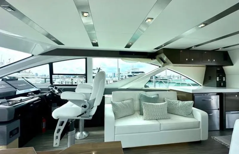 Rio Yacht Photos Pics Luxurious interior of 2017 Cruisers Yachts 60 Fly with modern helm and seating area.