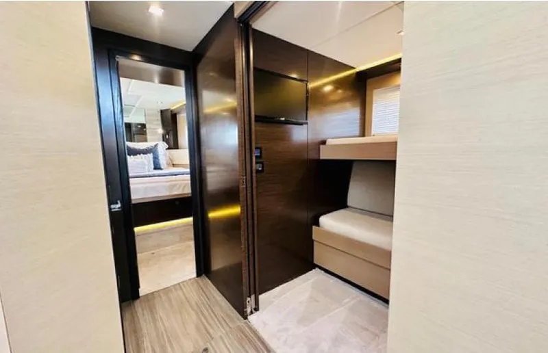 Rio Yacht Photos Pics Luxurious interior of 2017 Cruisers Yachts 60 Fly with modern design and cozy sleeping area.