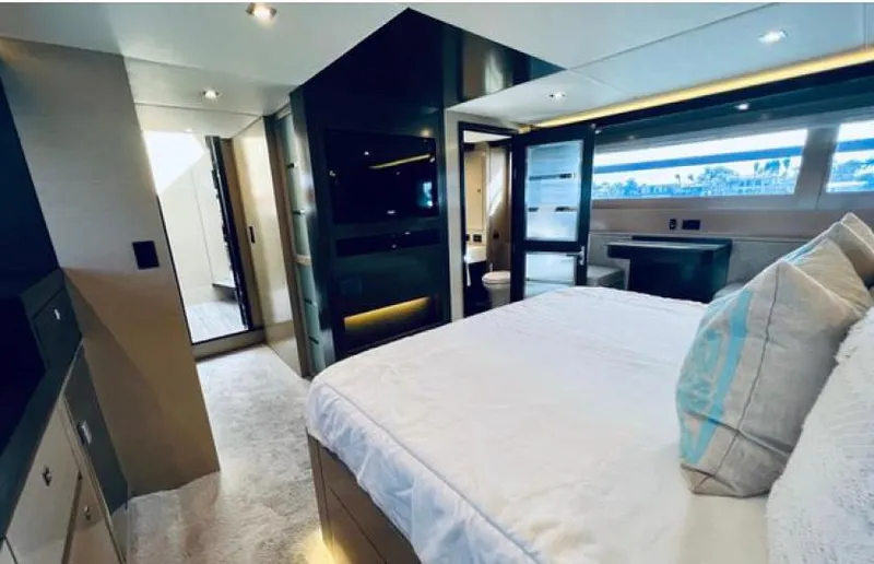 Rio Yacht Photos Pics Luxurious bedroom interior of 2017 Cruisers Yachts 60 Fly with modern amenities.