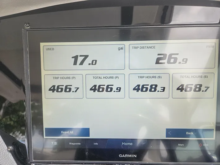 Yacht Photos Pics Garmin display showing fuel usage and trip data for 2022 Regal 33 XO boat.