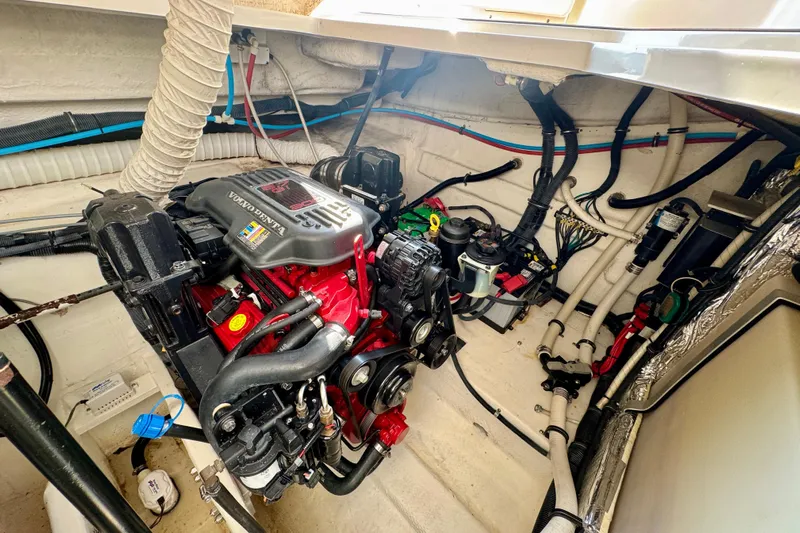 Escape Yacht Photos Pics Engine room of a 2009 Rinker 360 Express Cruiser with Volvo Penta engine.