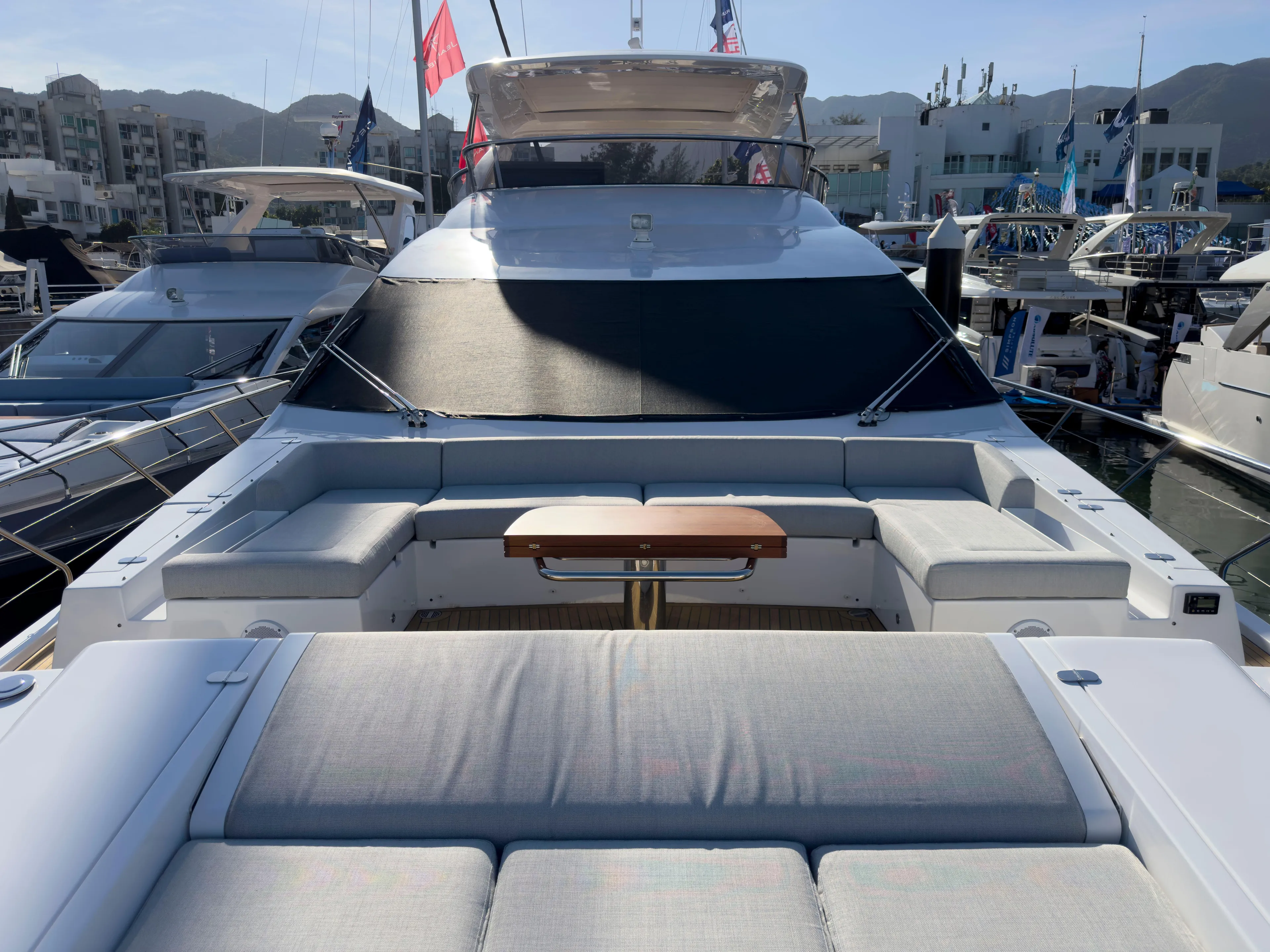  Yacht Photos Pics Luxurious Azimut GRANDE 25 METRI yacht, 2020 model, docked with spacious seating area.