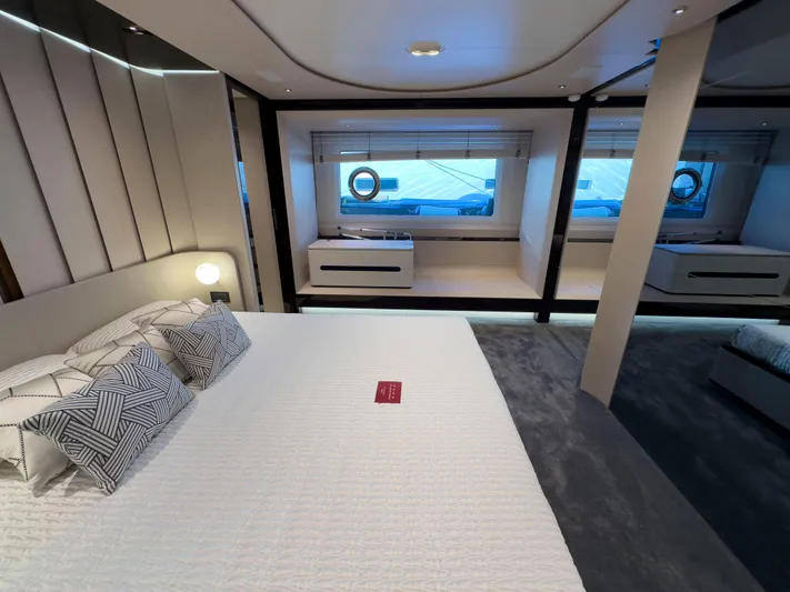  Yacht Photos Pics Luxurious bedroom interior of 2020 Azimut GRANDE 25 METRI yacht with modern design.