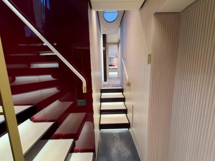  Yacht Photos Pics Luxurious interior of 2020 Azimut GRANDE 25 METRI yacht with modern staircase and elegant design.