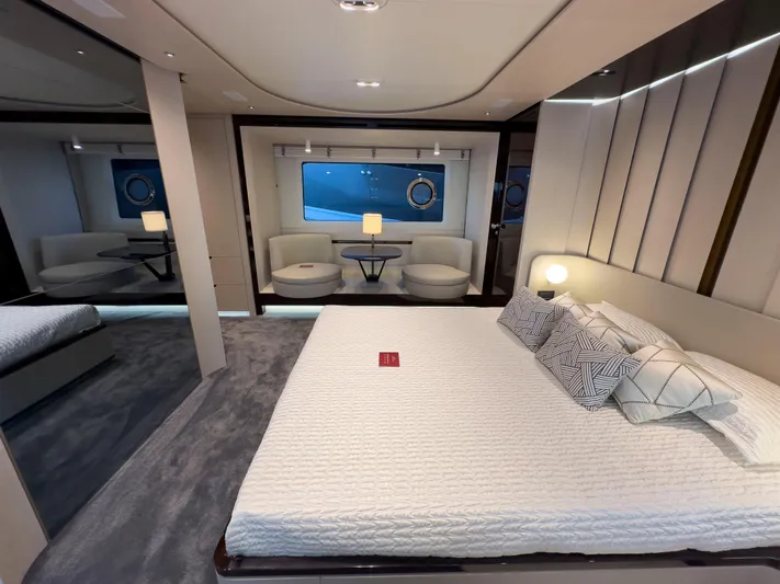  Yacht Photos Pics Luxurious bedroom interior of 2020 Azimut GRANDE 25 METRI yacht with modern decor.
