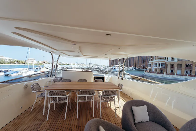 Apache Yacht Photos Pics Luxurious Falcon 86 yacht deck with dining area, overlooking marina, 2004 model.