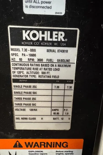 Rehab Is For Quitters Yacht Photos Pics Kohler generator label with specifications and warning, Sea Ray 420 Sundancer 2003 model.