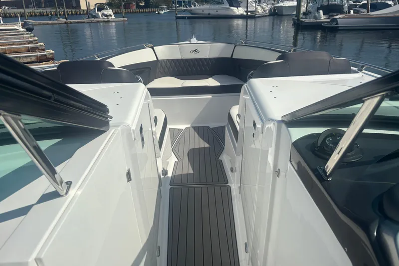  Yacht Photos Pics 2018 Monterey 328SS Super Sport boat interior with sleek seating and modern design.