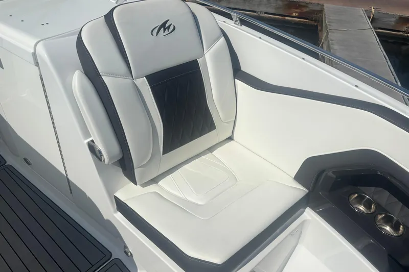  Yacht Photos Pics 2018 Monterey 328SS Super Sport boat seat with sleek white and black design.