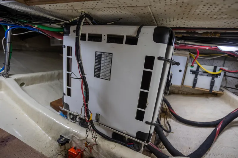 Amazing Grace Yacht Photos Pics Engine room of 1983 Kadey-Krogen Manatee 36 with electrical components and wiring.
