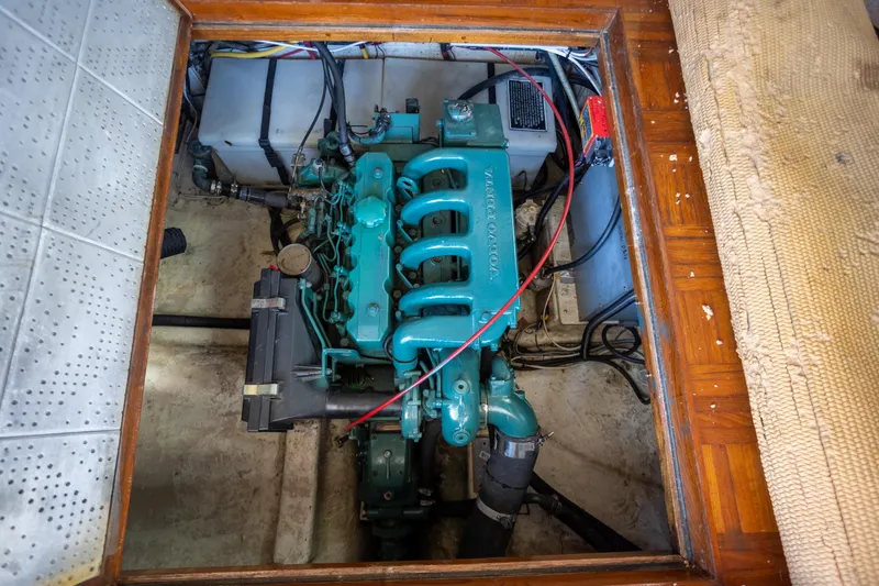 Amazing Grace Yacht Photos Pics Engine compartment of a 1983 Kadey-Krogen Manatee 36, featuring a Volvo Penta engine.