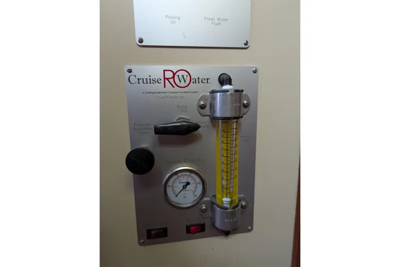 Amazing Grace Yacht Photos Pics Control panel of a 1983 Kadey-Krogen Manatee 36 with water system gauge.