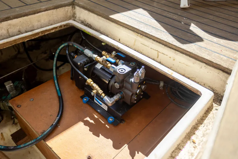 Amazing Grace Yacht Photos Pics Engine compartment of 1983 Kadey-Krogen Manatee 36 with visible mechanical components.