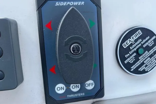 The Wanderer Yacht Photos Pics SidePower thruster control panel on 2005 Meridian 368 Motoryacht, with Sea-Fire extinguisher indicator.
