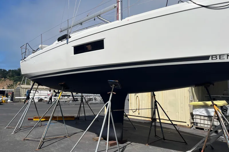 Polaris Yacht Photos Pics 2021 Beneteau Oceanis 30.1 sailboat on stands in a shipyard.
