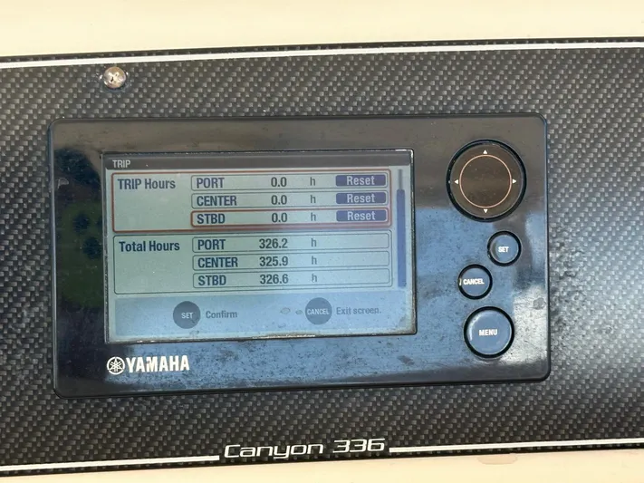  Yacht Photos Pics Yamaha display on 2018 Grady-White Canyon 336 showing engine hours and trip settings.