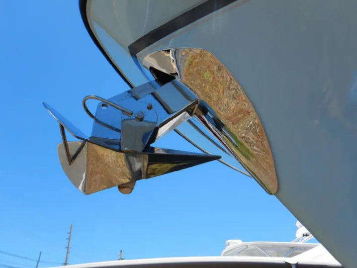  Yacht Photos Pics 2018 Grady-White Canyon 336 boat anchor against clear blue sky.