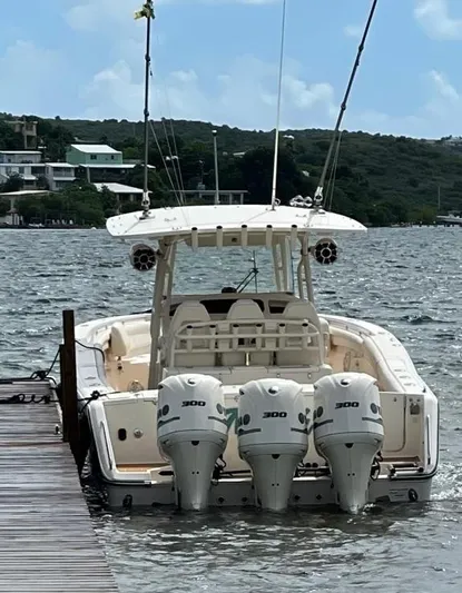  Yacht Photos Pics 2018 Grady-White Canyon 336 boat docked with triple 300 HP engines.