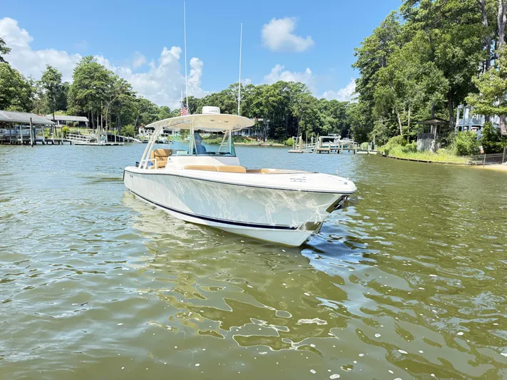 My Ginny Yacht Photos Pics 2014 Pursuit ST 310 Sport boat on a sunny lake with lush green surroundings.