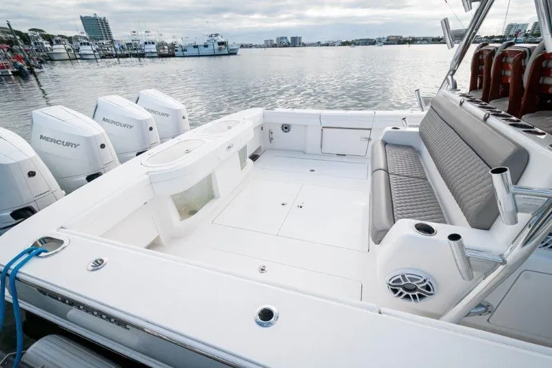  Yacht Photos Pics 2021 Valhalla Boatworks V-46 with spacious deck and multiple Mercury engines.