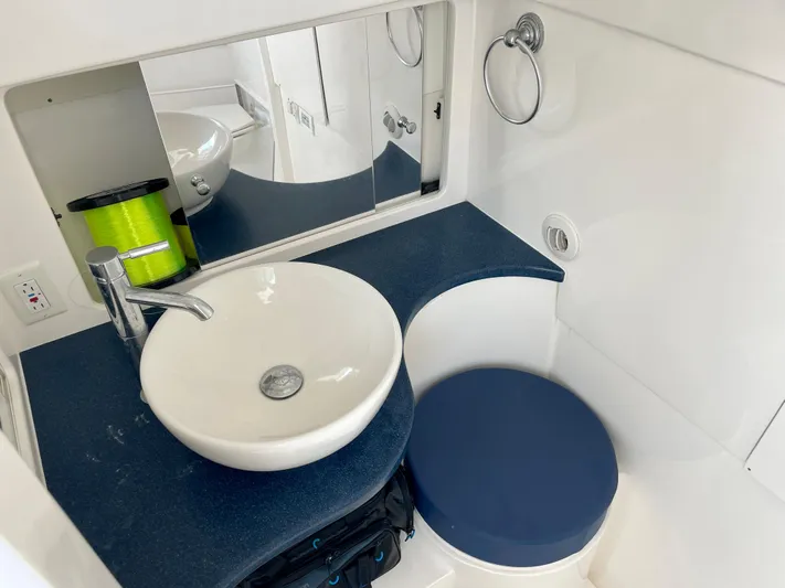  Yacht Photos Pics 2015 Intrepid 375 Walkaround bathroom with modern sink and mirror.