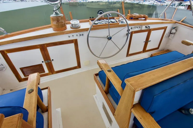 Grand Times Yacht Photos Pics 1969 Grand Banks Classic yacht helm with wooden accents and blue seating.