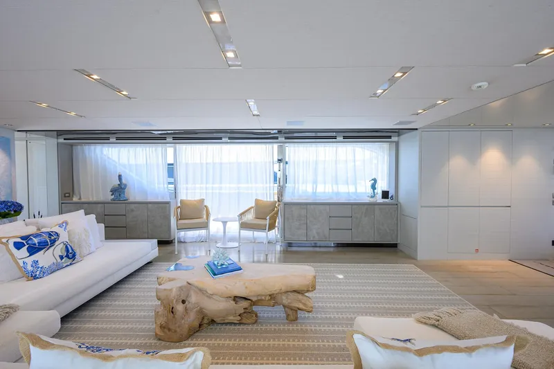 Halcyon Yacht Photos Pics Luxurious interior of 2018 Sanlorenzo SD112 yacht with modern decor and natural wood accents.