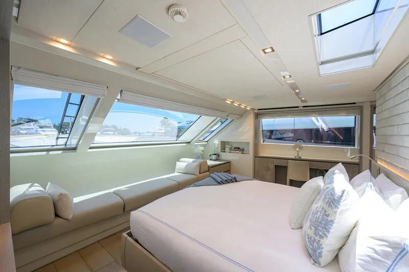 Halcyon Yacht Photos Pics Luxurious interior of 2018 Sanlorenzo SD112 yacht with panoramic windows and elegant decor.