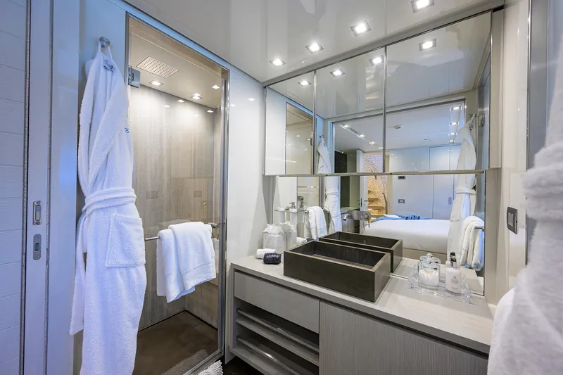 Halcyon Yacht Photos Pics Luxurious bathroom on 2018 Sanlorenzo SD112 yacht with modern fixtures and elegant design.