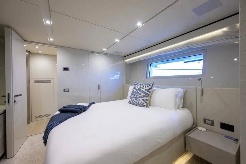 Halcyon Yacht Photos Pics Luxurious bedroom interior of 2018 Sanlorenzo SD112 yacht with modern design and elegant decor.