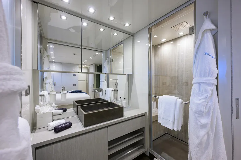 Halcyon Yacht Photos Pics Luxurious bathroom on 2018 Sanlorenzo SD112 yacht with modern fixtures and elegant design.