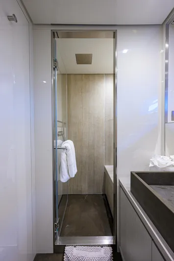 Halcyon Yacht Photos Pics Luxurious bathroom interior of 2018 Sanlorenzo SD112 yacht with modern shower design.