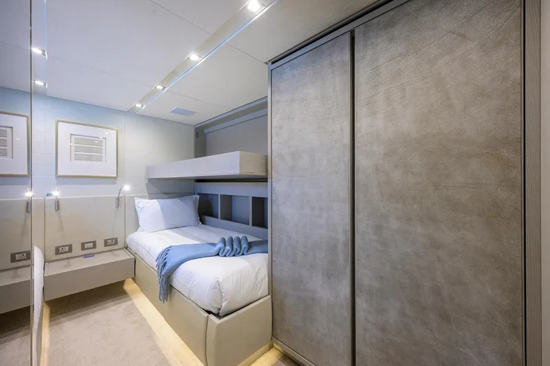 Halcyon Yacht Photos Pics Luxurious cabin interior of 2018 Sanlorenzo SD112 yacht with modern design and cozy bedding.