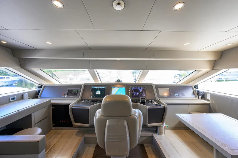 Halcyon Yacht Photos Pics Sanlorenzo SD112 2018 yacht helm with modern navigation equipment and luxurious interior design.