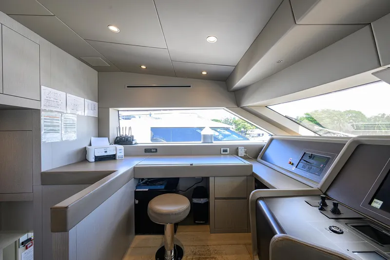Halcyon Yacht Photos Pics Modern helm station of 2018 Sanlorenzo SD112 yacht with sleek design and advanced controls.