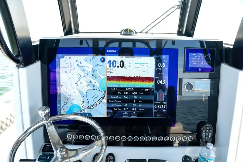  Yacht Photos Pics Dashboard of 2024 Freeman 28 boat with navigation and sonar display.