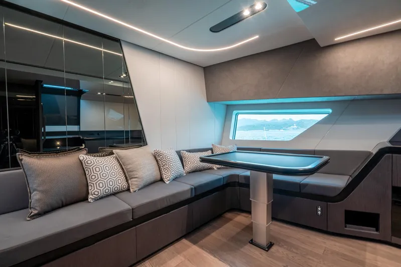 Maori 64 Yacht Photos Pics Luxurious interior of 2025 Maori M64 yacht with modern seating and elegant design.